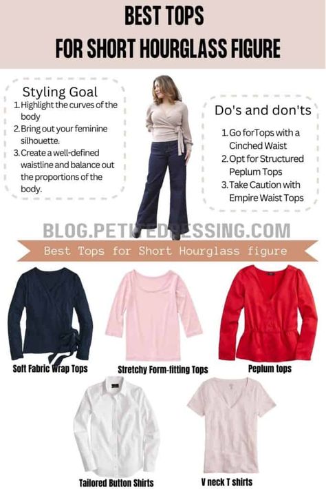 Petite Hourglass Outfit Ideas, Short Torso Hourglass Outfits, Hourglass Shirts Outfit, Petite Hour Glass Outfits, Short Hourglass, Shorts For Hourglass Shape, Hourglass Capsule Wardrobe, How To Style Hourglass Shape, Hourglass Tops