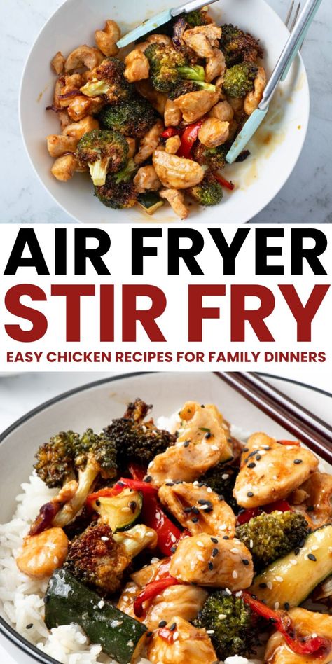 Air fryer chicken stir fry with broccoli and red bell peppers served over white rice. Healthy Easy Dinner Air Fryer, Air Fryer Stir Fry, Chicken Recipes For Family, Quick Easy Chicken Recipes, Chicken Stir Fry Recipes, Stir Fry Easy, Healthy Chicken Stir Fry, Quick Easy Chicken, Slow Cooker Pasta Recipes