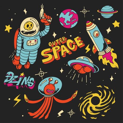 Illustration of outer space Premium Vect... | Premium Vector #Freepik #vector #star #space #moon #galaxy Outer Space Drawing, Outer Space Art, Star Space, Moon Galaxy, Space Icons, Space Drawings, Star Illustration, Space Illustration, Colorful Space