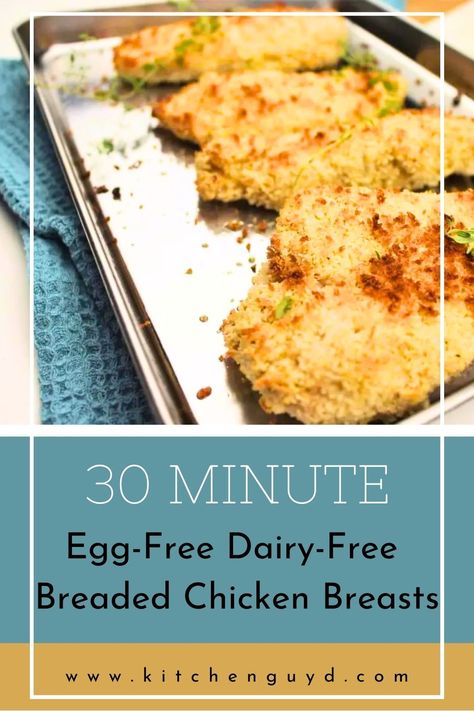 Whether you or someone in your family has an egg or dairy allergy, or maybe you happen to be out of one of the ingrediets when you're cooking up some breaded chicken - we have you covered with this easy crispy chicken breast recipe using no egg or dairy!#chickenrecipe, #chickenbreastrecipe, #easychickenrecipe, #allergyfriendlydinner, #eggfree, #dairyfreechicken, #dairyfreedinner, #crispychicken, #30minutedinner, #easydinner, #allergyfriendlyrecipe, #eggfreechickentenders, #eggfreechickennuggets Dairy And Egg Free Chicken Recipes, Breaded Chicken No Egg, Egg Free Chicken Parmesan, Egg Free Chicken Meatballs, Gluten Free Breaded Chicken, Egg Free Chicken Tenders, Breaded Chicken Without Egg, Soy Wheat Dairy Egg Free Recipes, Chicken Tender Recipes Easy