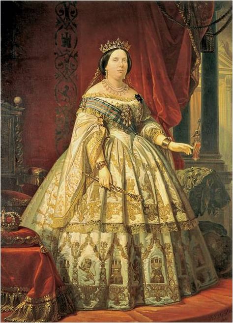 Royal Portraits Painting, Queen Isabella, Victorian Gown, 1860 Fashion, Spanish Fashion, 19th Century Fashion, Royal Dresses, Isabel Ii, Female Portraits