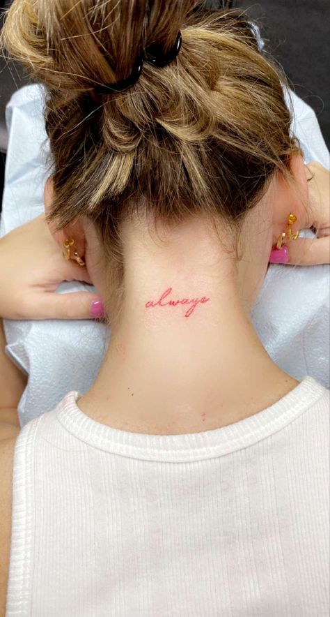 Neck Tattoos Unique, French Word Tattoos, Female Neck Tattoo, Teen Tattoos, Throat Tattoos, Front Neck Tattoo, Always Tattoo, Female Neck, Handwriting Tattoos