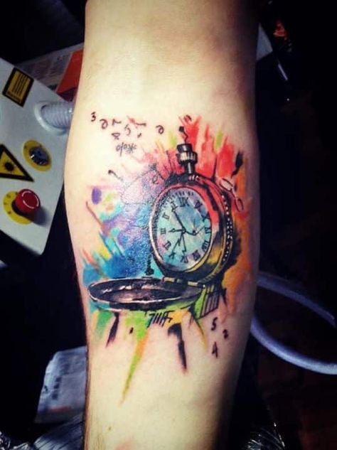 colorful-pocket-watch Watercolor Clock Tattoo, 4 Life Tattoo, Tato Jam, Faces Sketch, Pocket Watch Tattoo Design, Watch Tattoo Design, Soft Tattoo, Steampunk Tattoo, Watch Tattoo