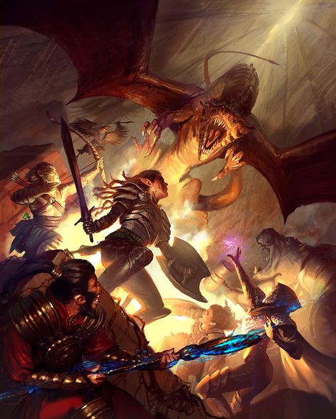 Rise of the Dragon, Javier Charro on ArtStation at https://www.artstation.com/artwork/aVP1z Fantasy Battlefield, Rise Of The Dragon, Dnd Party, Dungeons And Dragons Art, Rpg Horror, Rpg Dice, Forgotten Realms, Fantasy Battle, Scene Art