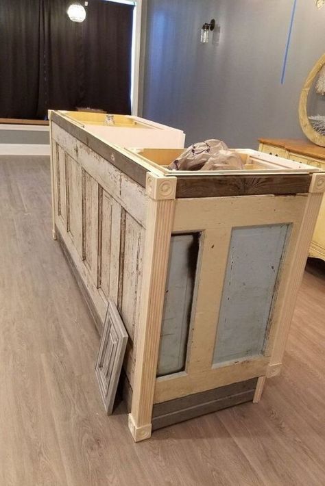 Wondering what to do with an old door you can pick up at a thrift store or flea market? turn it into a unique kitchen island! watch the before and after transformation of this repurposed upcycled door. #diy #olddoor #upcycling Boutique Counter, Unique Kitchen Island, Upcycle Door, Before And After Transformation, Retail Counter, Diy Entryway, Home Decor Quotes, Old Door, Old Doors