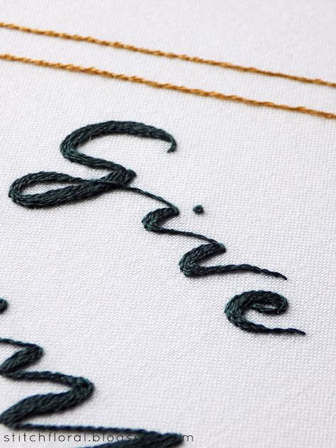 Hand embroidery lettering ideas Handwriting Embroidery Stitches, Embrodery Stiching Ideas Letters, Letter Embroidery Stitches, Lettering Stitch Embroidery, Lettering Embroidery Hand, Thick Embroidery Letters, Hand Embroidered Lettering, Embroidery Words Letters Stitches, Embroidery Stitches Letters