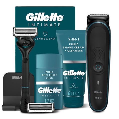 GILLETTE PUBIC TRIMMER: Engineered to be tough on hair, gentle on intimate skin. 5 ANTI-FRICTION BLADES: With SimplePass technology. Featuring 5 anti-friction blades for a gentle and easy shave in one smooth motion. GILLETTE PUBIC SHAVE CREAM AND CLEANSER: Formulated to help protect the pubic area from shaving irritation Turmeric Health, Hair Shaver, Shave Cream, Hygiene Care, Anti Chafing, Cream Cleanser, Shaving Cream, Hair Trimmer, Men's Grooming