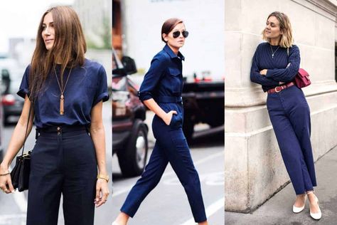 What Colors Go With Navy Blue Clothes? All Navy Work Outfit, Blue Black Outfits For Women, Navy Blue Satin Pants Outfit, Navy Color Outfit, Dark Blue Pants Work Outfit Women, Women’s Navy Pants Outfit, Navy Blue Silk Top Outfit, Navy Blue Sailor Pants Outfit, Navy Blue Style Womens Fashion