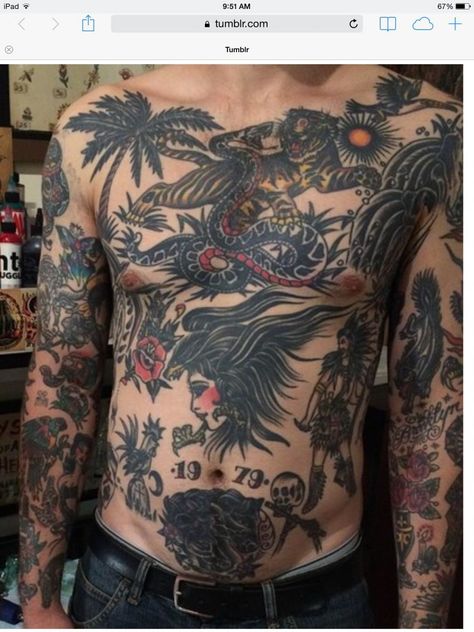 Traditional Chest Tattoo, Tattoo Silhouette, Sailor Jerry Tattoo Flash, Tatto Boys, Traditional Tattoo Old School, Torso Tattoos, Sick Tattoo, Traditional Tattoo Sleeve, Intricate Tattoo