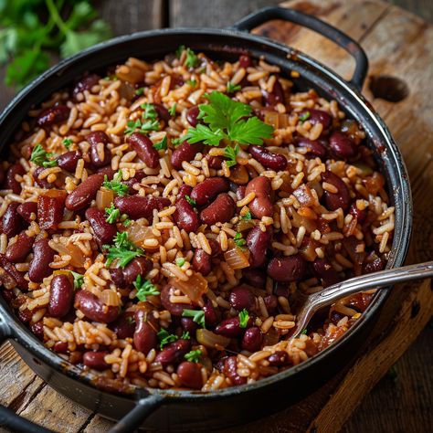 This recipe for Haitian Red Beans and Rice (diri kole) will take you to the exotic island of Haiti. This mix of spices and textures is great for any meal. Rice With Beans Recipe, Haitian Rice And Beans, Red Beans And Rice Recipe Vegetarian, Southern Red Beans And Rice Recipe, Beans And Rice Recipes, Haitian Rice, Red Bean And Rice Recipe, Rice With Beans, Red Beans Recipe