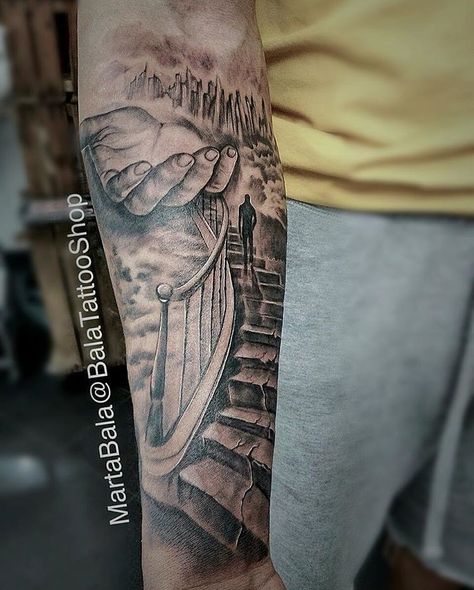 Stairs To Heaven Tattoo, Stairway To Heaven Tattoo, Upper Arm Tattoos For Guys, St Michael Tattoo, Stairs To Heaven, Dove Tattoos, Heaven Tattoos, Cross Tattoo For Men, Jesus Tattoo