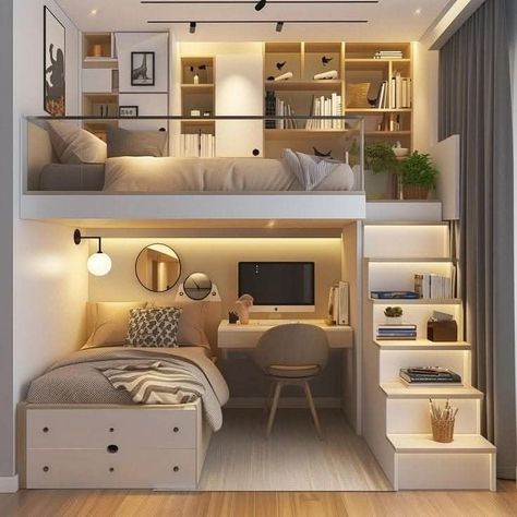 Mezanin Bedroom Design, Loft Beds For Teens, Loft Beds For Small Rooms, Kids Bed Design, Beds For Small Rooms, Bunk Beds Built In, Dream Bedroom Inspiration, Small House Layout, Interior Design Your Home