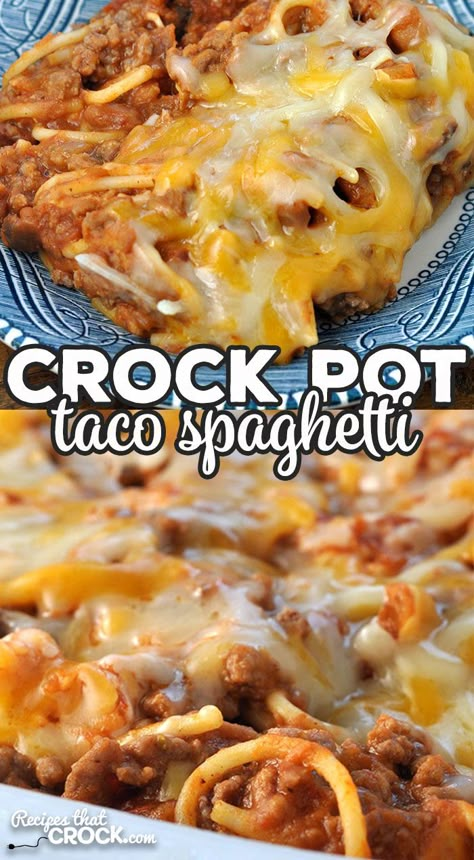 This Crock Pot Taco Spaghetti recipe is easy to throw together and tastes fantastic! Everyone from the youngest to the oldest at your table will love it! Crockpot Recipes Taco, Spaghetti For Two, Spaghetti Taco, Taco Spaghetti Recipe, White Chili Chicken, Food Recipes Beef, Mexican Food Recipes Beef, Chili Chicken Recipe, Crockpot Spaghetti