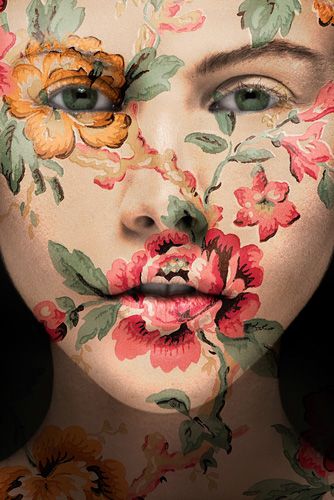 inspired by a Japanese artist who projected floral patterns on a face A Woman, Flowers, Art