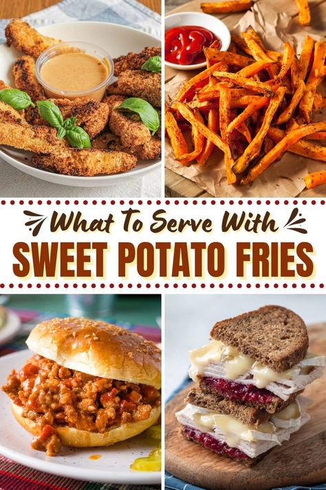 Wondering what to serve with sweet potato fries? We've got your back! From creamy dips to hearty meal pairings, we have everything you need. Meal With Sweet Potato Fries, Dinner With Sweet Potato Fries, Sweet Potato Fries Meal Dinners, What Goes With Sweet Potato Fries, Meals With Fries As A Side, What To Eat With Sweet Potato Fries, Sweet Potato Fries And Chicken, Sweet Potato Fries Meal, Meals With Sweet Potatoes