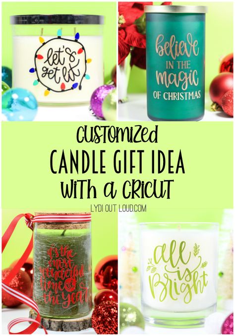 Make quick and simple DIY Custom Christmas Candles with a Cricut machine - a perfect gift idea! via @lydioutloud Cricut Christmas Candles, Vinyl Candle, Cricut Candles, Christmas Candles Diy, Family Holiday Gifts, Candle Projects, Neighbor Christmas Gifts, Candle Wrap, Vinyl Gifts