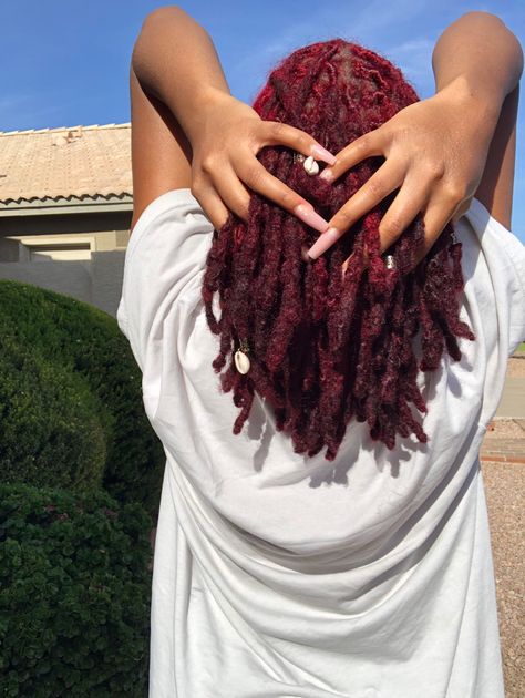 Deep Red Locs Black Women, Burgundy Red Locs Black Women, Maroon Dreadlocks Black Women, Half And Half Dyed Locs, Coloured Locs Black Women, Maroon Locs Black Women, Burgundy Hair Locs, Burgundy Locs Men, Deep Red Locs