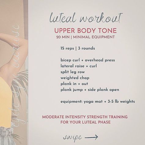 Holistic Dietitian Krista King on Instagram: “LUTEAL PHASE WORKOUT – UPPER BODY TONE 💪🏼✨ - With the moon moving from full + back to new, just like our menstrual cycles that move from…” Luteal Phase Strength Training, Luteal Phase Workout Plan, Luteal Phase Workout, Workout During Period, Period Tracking, Menstrual Cycle Phases, Luteal Phase, Healthy Period, Cycle Syncing