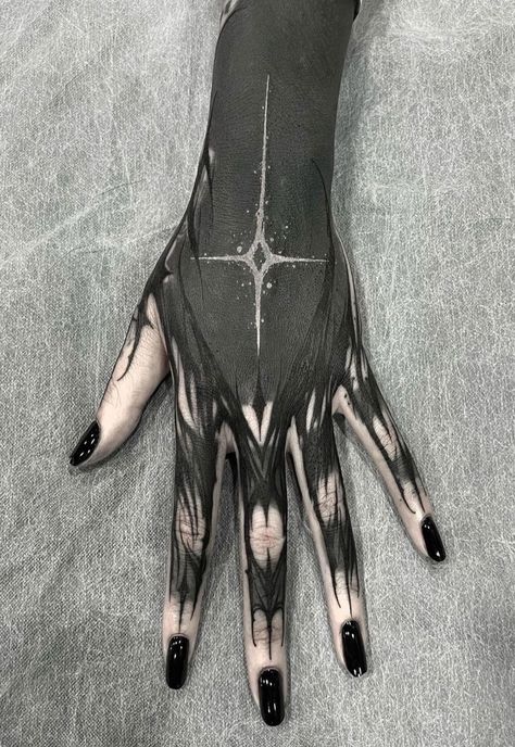 Black Out Hand Tattoo Designs, Nyx Tattoo Ideas, Half Blackout Sleeve, Blackout Finger Tattoo, Tattoo Sleeve Men Half, Tattoo Reminders, Gothic Tattoos Men, Black Out Hand Tattoo, Gothic Leg Tattoos