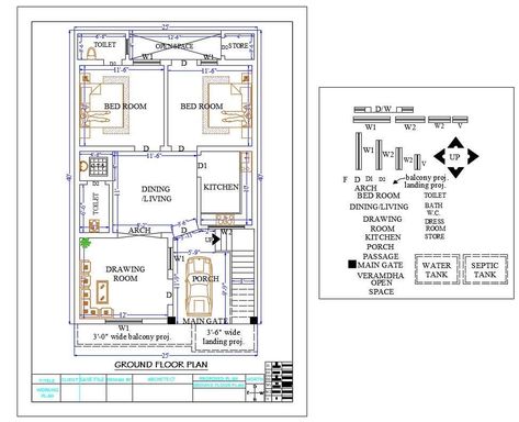 25 X 40 feet plot size for north facing house ground floor plan design includes the furniture layout contains spacious 2 bedrooms, living with dining area, kitchen and drawing rooms. The ground floor has a parking space to accommodate 1 big car and 3 feet wide balcony outside. download architecture AutoCAD house plan design DWG file. 25 By 40 House Design, 25 40 House Elevation, 25 X 40 House Plans, 25×40 House Plan, 25x40 House Plans, Autocad House Plan, 25×50 House Plan, North Facing House Plan, North Facing House