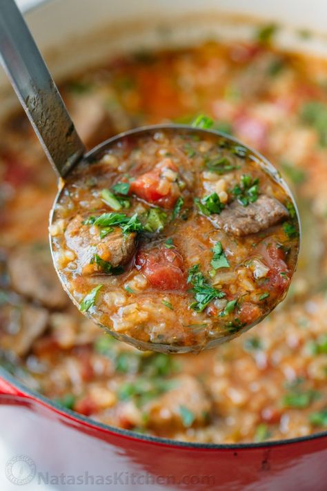 Beef Soup (Kharcho) Recipe - NatashasKitchen.com Beef And Tomato Soup, Georgian Cuisine, Georgian Food, Beef Soup Recipes, Tomato Broth, Ukrainian Recipes, Beef Stew Meat, Soup And Stew, Soup Season