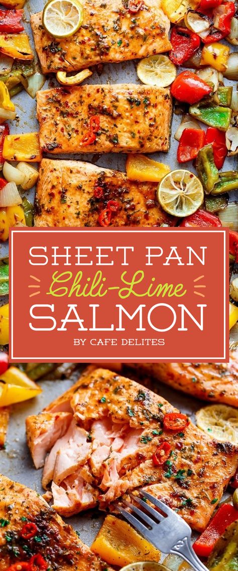 Sheet Pan Chili-Lime Salmon https://gezondvoorstel.com Lime Salmon Recipes, Seafood Night, Chili Lime Salmon, Pan Cooking, Lime Salmon, Easy Summer Dinners, Sheet Pan Suppers, Quick Dinners, Pan Dinners