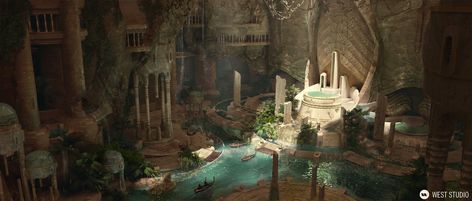 ArtStation - Water Temple Underwater Temple, Cool Oc Designs, Digital Matte Painting, Desert Temple, Descendants Oc, Water Temple, Sacred Water, Heroes Of The Storm, Temple Art