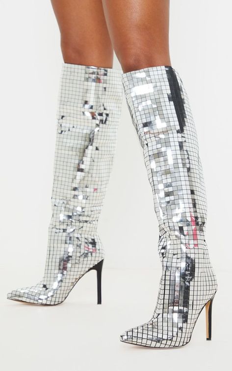 Make a statement this season in these dreamy boots. Featuring a silver mirrored disco ball material with a knee-high length and black heeled sole, we're obsessed. Disco Ball Boots, Disco Ball Shoes, Disco Boots, Moda Disco, Mirror Boots, Eras Tour Fits, Eras Outfit, Eras Outfits, Sequin Boots