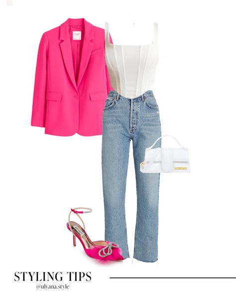 Graduation Outfit Ideas Jeans, Heels With Jeans Night Out Classy, Fancy Outfit With Jeans, Blazer And Jeans Outfit Women Night Out, Pink Heels Outfit Jeans, Corset And Blazer Outfit, Corset With Blazer Outfit, Corset Blazer Outfit, Jeans Heels Outfit Night Classy