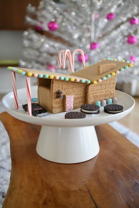 Retro Gingerbread House, Disco Gingerbread House, Mid Century Gingerbread House, Mid Century Modern Gingerbread House, House Suburban, Butterfly Roof, Penny Tile, Christmas Is Over, Christmas Guide