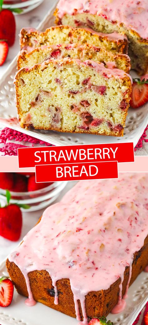 Made with fresh fruit, this easy, moist strawberry bread is a delicious and easy treat. It’s loaded with diced strawberries and topped with a sweet strawberry glaze! The perfect summer recipe for enjoying strawberries! Recipes With Fresh Strawberries, Recipe Using Plain Yogurt, Quick Breads Recipes, Easy Strawberry Bread, Strawberry Bread Recipe, Strawberry Bread Recipes, Loaf Breads, Raspberry Bread, Southern Cookbook