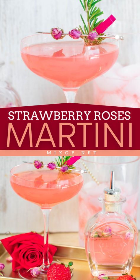 Indulge in elegance with this refreshing summer cocktail that is perfect for a Mother's Day brunch idea! This Strawberry Roses Martini recipe is made with vodka, fresh strawberries, and delicate rose petals; a refreshing addition to spring drink ideas! Christmas Themed Drinks, Easy Christmas Drinks, Easy Spring Cocktails, Fruity Cocktail Recipes, Easy Party Drinks, Strawberry Martini, Martini Recipes Vodka, Cocktails To Make At Home, Fun Party Drinks