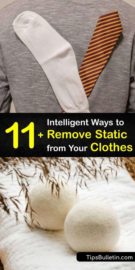 Static electricity builds up in clothes and other synthetic fabrics to cause static cling and static shocks. Get rid of static cling with household items like wool dryer balls, dryer sheets, and aluminum foil. #get #static #out #clothes How To Get Rid Of Static Cling, Natural Static Reducer For Dryer, How To Get Static Out Of Clothes, Dryer Balls Static Tips, How To Remove Static From Clothes, Get Rid Of Static In Clothes, How To Get Rid Of Static On Clothes, Static Cling Remedy Clothes, Remove Static From Clothes