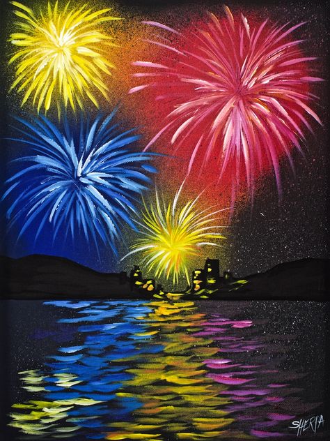 Fireworks over water acrylic painting for beginners step by step by the Artsherpa for a Free Youtube tutorial Featuring Liquitex Artist Spraypaint Acrylics Ideas, Firework Painting, The Art Sherpa, Wine And Canvas, Music Painting, Painting Party, Easy Canvas Painting, Acrylic Painting For Beginners, Typography Wall Art