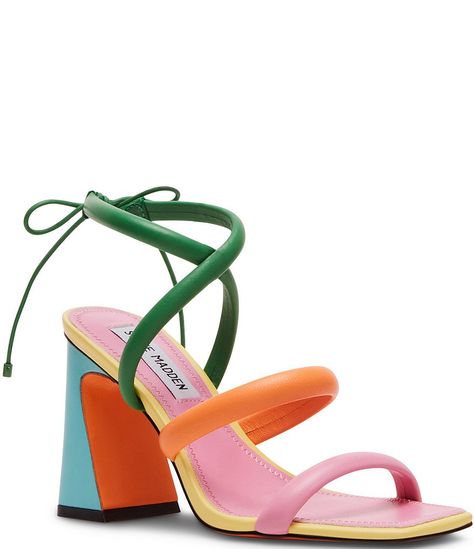 Steve Madden Punctual Leather Strappy Sandals | Dillard's Cocktail Shoes Comfortable, Colorful Bride Shoes, Pink And Green Heels, Colorful Platform Heels, Trendy Heels 2024, Wedding Welcome Party Outfit, Cool Heels, Unique High Heels, Summer Shoes For Women