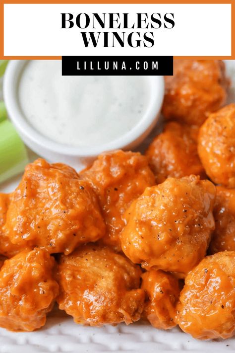 Our BEST spicy, tender boneless wings are a simple and delicious crowd favorite - restaurant quality right from home! #buffalowings #bonelesswings #wings #chicken #appetizer Air Fryer Boneless Wings, Boneless Wings Recipe, Boneless Wing Recipes, Breaded Wings, Honey Bbq Wings, Chicken Appetizer, Boneless Chicken Wings, Wings Recipe Buffalo, Wings Chicken