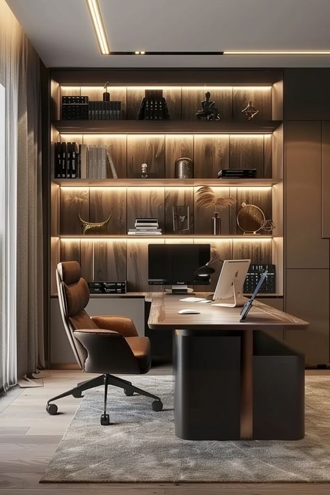 Modern home office with wooden desk, ergonomic chair, computer, bookshelf with decorative items and warm lighting. Home Office Nook Ideas, Executive Office Design Interior, Executive Office Design, Small Office Design Interior, Small Office Design, Small Workspace, Dorm Room Hacks, Cozy Home Office, Office Nook