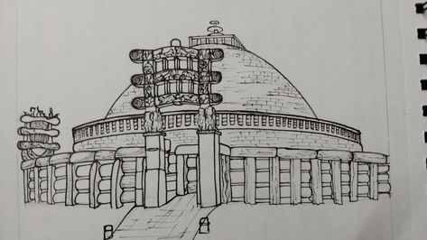 Sanchi Stupa Drawing, Buddhist Architecture Sketches, Sanchi Stupa Sketch, Temple Sketches Indian Easy, Stupa Drawing, Bubble Diagram Architecture, Sanchi Stupa, Bubble Diagram, Buddhist Architecture