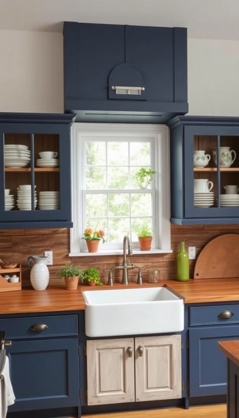 Blue Kitchen Cabinets With Wallpaper, Blue Sink Kitchen, Blue And Copper Kitchen, Navy Blue Kitchens, Navy Blue Kitchen Ideas, Cobalt Blue Kitchens, Wallpaper For Kitchen Cabinets, Blue Kitchen Ideas, Navy Blue Kitchen