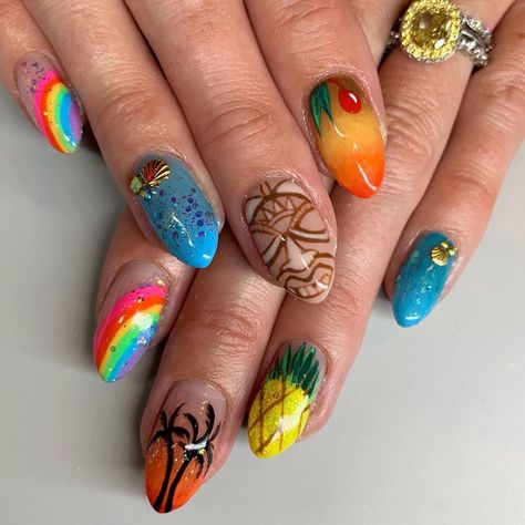 Mia on Instagram: “Very subtle Hawaiian vacation nails for Jen 🌴🍹🌈 #maitai #tiki #hawaii #nails #vacationnails #sparklesf” Tiki Nails, Tiki Theme, Theme Nails, Hawaii Nails, Tiki Hawaii, Hawaiian Vacation, Vacation Nails, Makeup Nails, Turquoise Ring