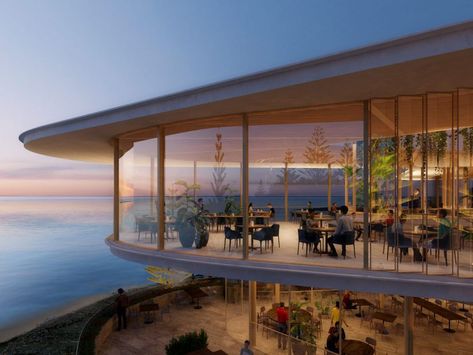 Beach Club Architecture Design, Building On Stilts, Beach Pavilion Architecture, Restaurant Architecture Concept, Beach Resort Design, Beach Pavilion, Water Pavilion, Church Design Architecture, Cottesloe Beach