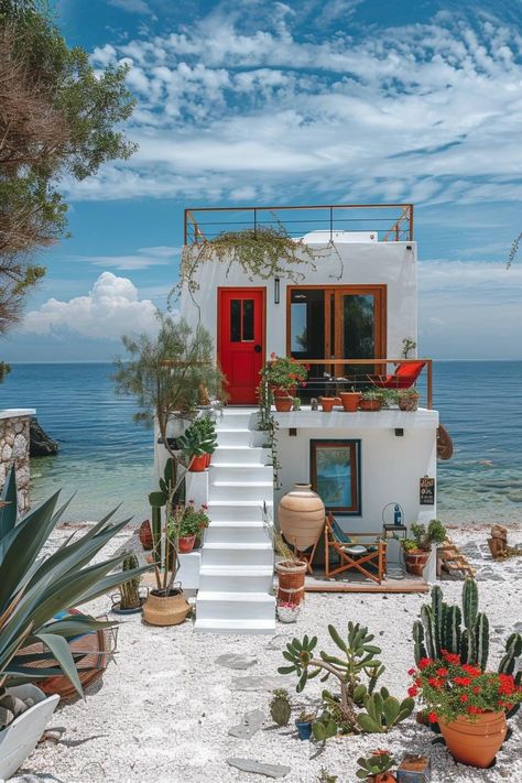 Carribean House, Houses By The Beach, Tiny Beach House, Cute Cottages, Greek Decor, Caribbean Homes, Pod House, Beachfront House, Luxury Beach House