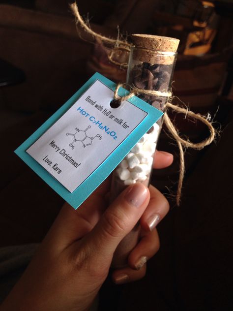 The Christmas gift that I'm giving to all of my friends, chemistry themed test tube hot chocolate ☕️ Test Tube Hot Chocolate, Diy Christmas Cards For Friends, Hot Chocolate Ideas, Christmas Cards For Friends, Test Tube Crafts, Laboratory Gifts, Scientist Birthday, Science Wedding, Chemistry Projects