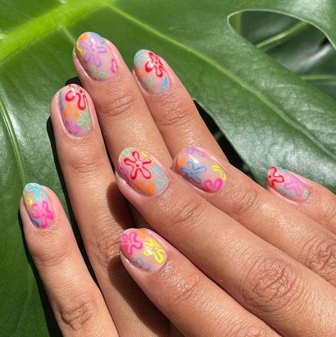 Spongebob Flowers Nails, Lake Nails, Spongebob Flowers, Spongebob Nails, Cute Almond Nails, Teen Nails, Sea Nails, Beachy Nails, Different Nail Shapes