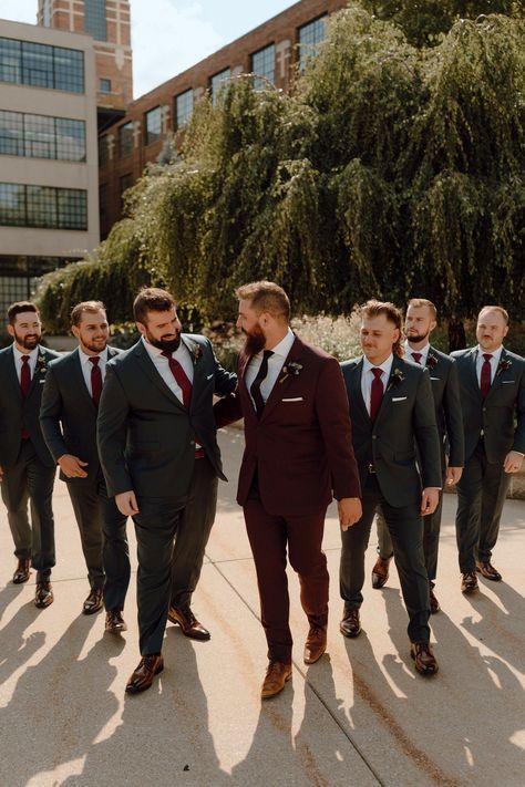 Men’s Maroon Suit, Groom Burgundy Wedding, Groom Wine Suit, Dark Grey Suit Burgundy Tie, Maroon Mens Wedding Attire, Maroon Suit For Groom, Groom And Groomsmen Attire Maroon, Burgundy Suits Wedding, Black Suits With Burgundy Ties