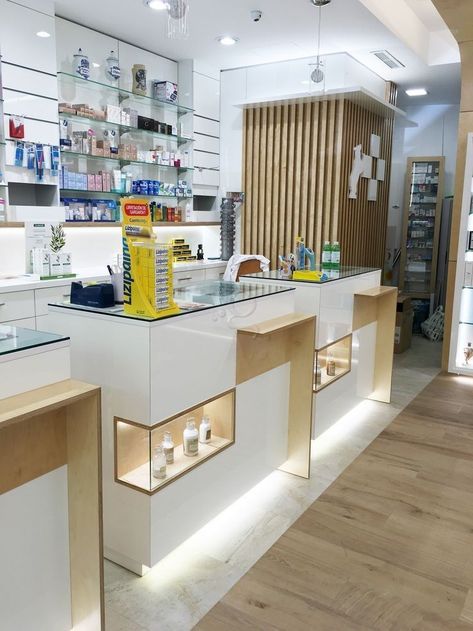 Pharmacy Store Design, Pharmacy Interior, Pharmacy Decor, Healthcare Interior Design, Luxury Ceiling Design, Store Shelves Design, Shelves Design, Pharmacy Store, Reception Desk Design