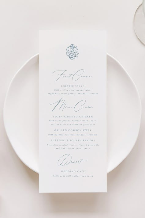 Plated Dinner, Wedding Menus Design, Reception Table Decor, Elegant Wedding Menu, Wedding Dinner Menu, Gold Foil Wedding Invitations, Elegant Wedding Reception, Foil Wedding Invitations, White Wedding Cakes