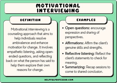 Motivational interviewing is a therapeutic approach from counseling and psychology that aims to enhance a client’s intrinsic motivation. The four key principles of motivational interviewing are remembered through the acronym RULE (Haque & D'Souza, 2019): Motivational Interviewing Activities, Motivational Interviewing Cheat Sheet, Motivational Interviewing Questions, Interviewing Questions, Nce Study, Motivational Interviewing Techniques, Phoenix Flying, Motivation Activities, Reflective Listening