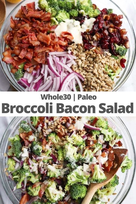 Whole30 Broccoli, Broccoli Bacon Salad, Lemon Garlic Dressing, Broccoli Salad With Bacon, Salad Broccoli, Healthy Broccoli Salad, Broccoli Bacon, Sweet Dressing, Garlic Dressing