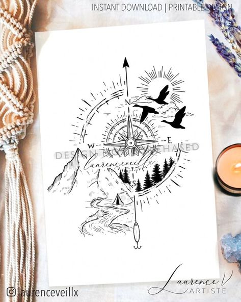 Compass Tattoo Design, Kunst Tattoos, Landscape Tattoo, Outdoor Landscape, Tattoo Stencil, Custom Tattoo Design, Nature Tattoos, Back Shoulder, Custom Tattoo